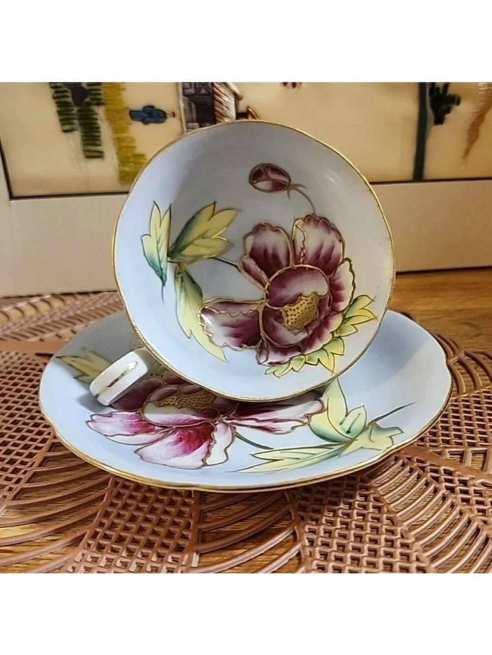 Hand Painted Gold Tea Cup & Saucer Set Vintage Bone China Blue Pink Porcelain